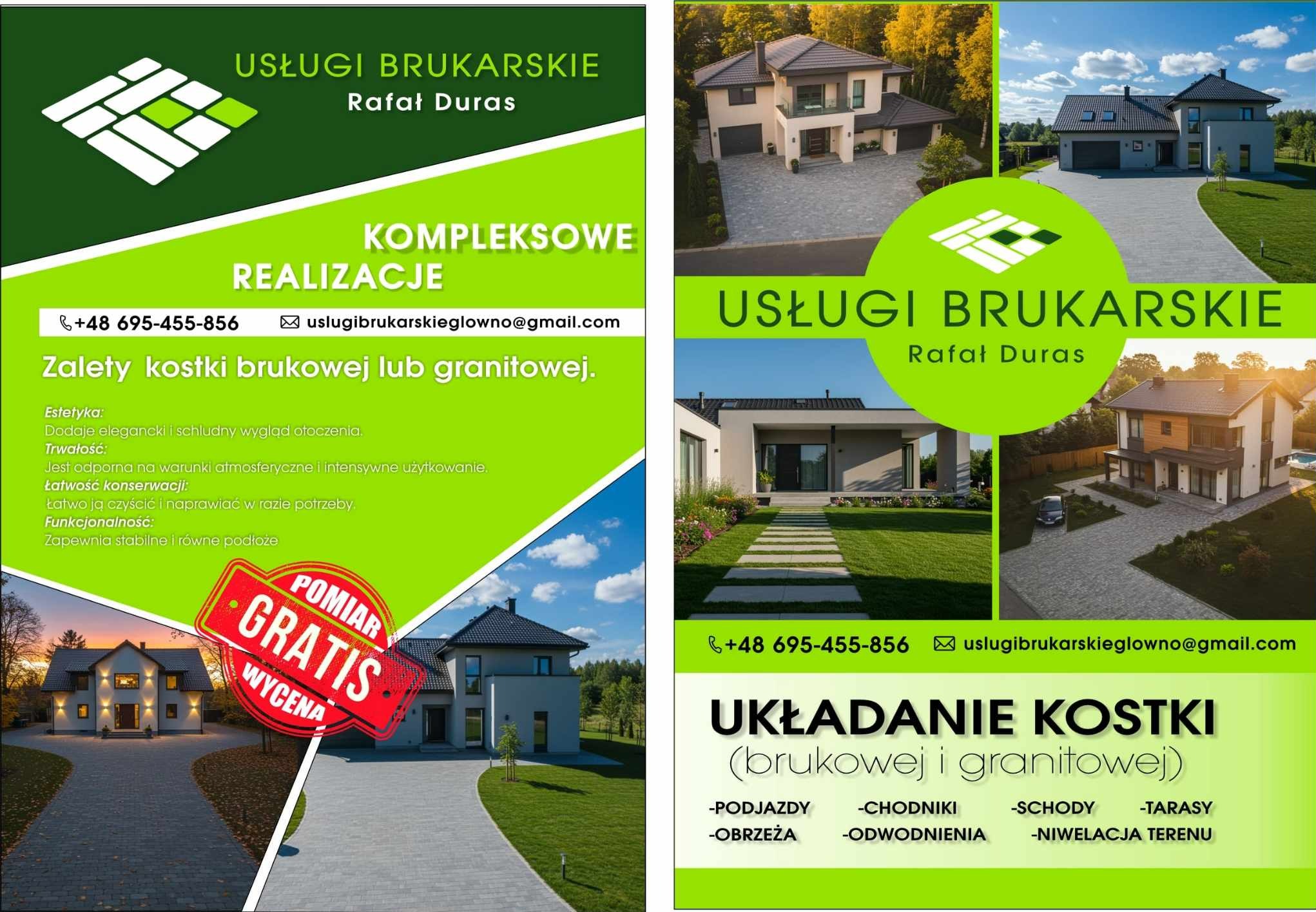 Ulotka reklamowa firmy brukarskiej prezentująca zdjęcia domów z podjazdami i chodnikami wyłożonymi kostką brukową i granitową, oferująca kompleksowe usługi, pomiar i wycenę gratis.