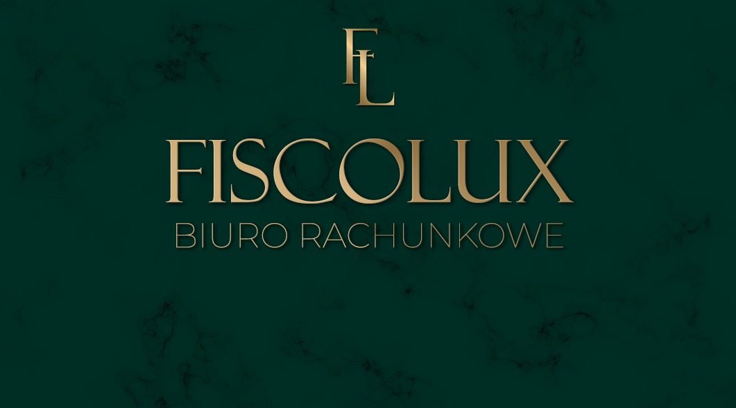 Eleganckie logo 'FISCOLUX Biuro Rachunkowe' w złotej kolorystyce na tle ciemnozielonego marmuru, podkreślające profesjonalizm i nowoczesność firmy księgowej.