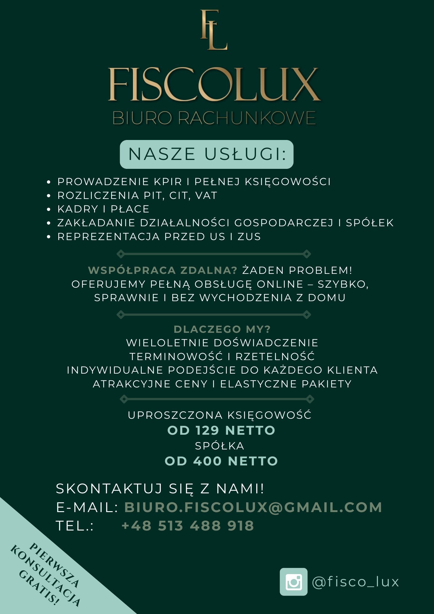 Grafika reklamowa biura rachunkowego Fiscolux z ofertą usług: pełna księgowość, kadry i płace, rozliczenia PIT, CIT, VAT, zakładanie działalności i reprezentacja przed US i ZUS.