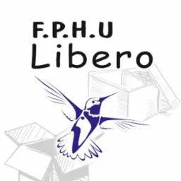 Ilustracja: Nazwa firmy 'F.P.H.U Libero', rysunek kolibra i szkic pudełek, sugerujące usługi pakowania i transportu. Grafika w odcieniach bieli i granatu.