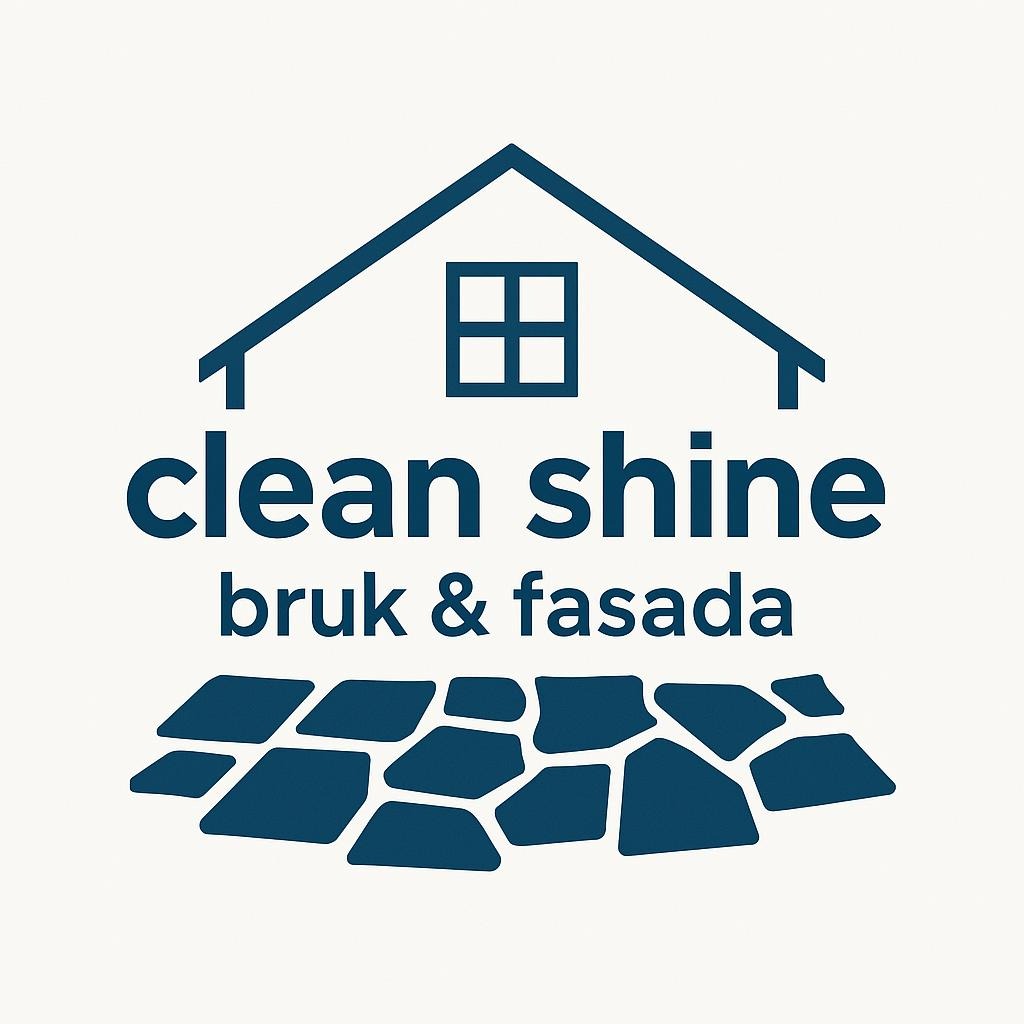 Logo firmy Clean Shine z ikoną domu, napisem 'bruk & fasada' i stylizacją kostki brukowej.