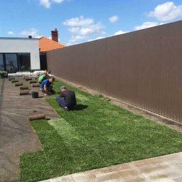 KONSTANTYN PYSHNIAK - Montaż trawy z rolki na posesji: ekipa fachowców układa pasy zieleni wzdłuż brązowego ogrodzenia. Widoczne rolki trawy i przygotowane podłoże.