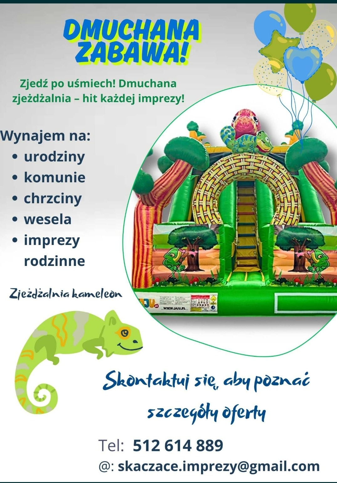 Plakat reklamowy dmuchanej zjeżdżalni w motywie dżungli z kameleonami, otoczonej balonami, oferowanej na wynajem na urodziny, komunie, chrzciny, wesela i imprezy rodzinne. Na dole widoczne dane...