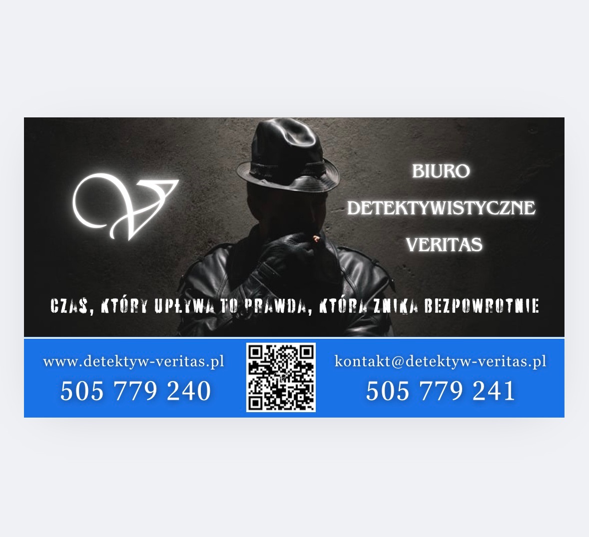 Grafika reklamowa biura z sylwetką osoby w kapeluszu i skórzanym płaszczu, neonowe logo, adres strony internetowej, adres e-mail i numery telefonów.