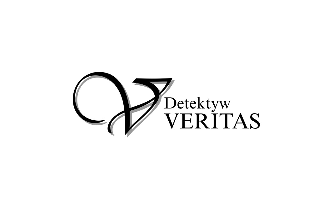 Eleganckie logo biura detektywistycznego VERITAS z stylizowaną literą 'V' i nazwą firmy w czcionce bezszeryfowej.
