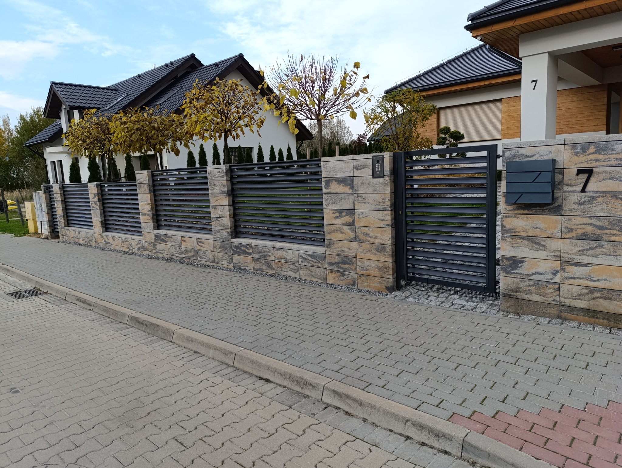 Nowoczesne ogrodzenie z paneli i kamienia łupanego, brama wejściowa, skrzynka na listy z numerem domu na tle dwóch budynków mieszkalnych.