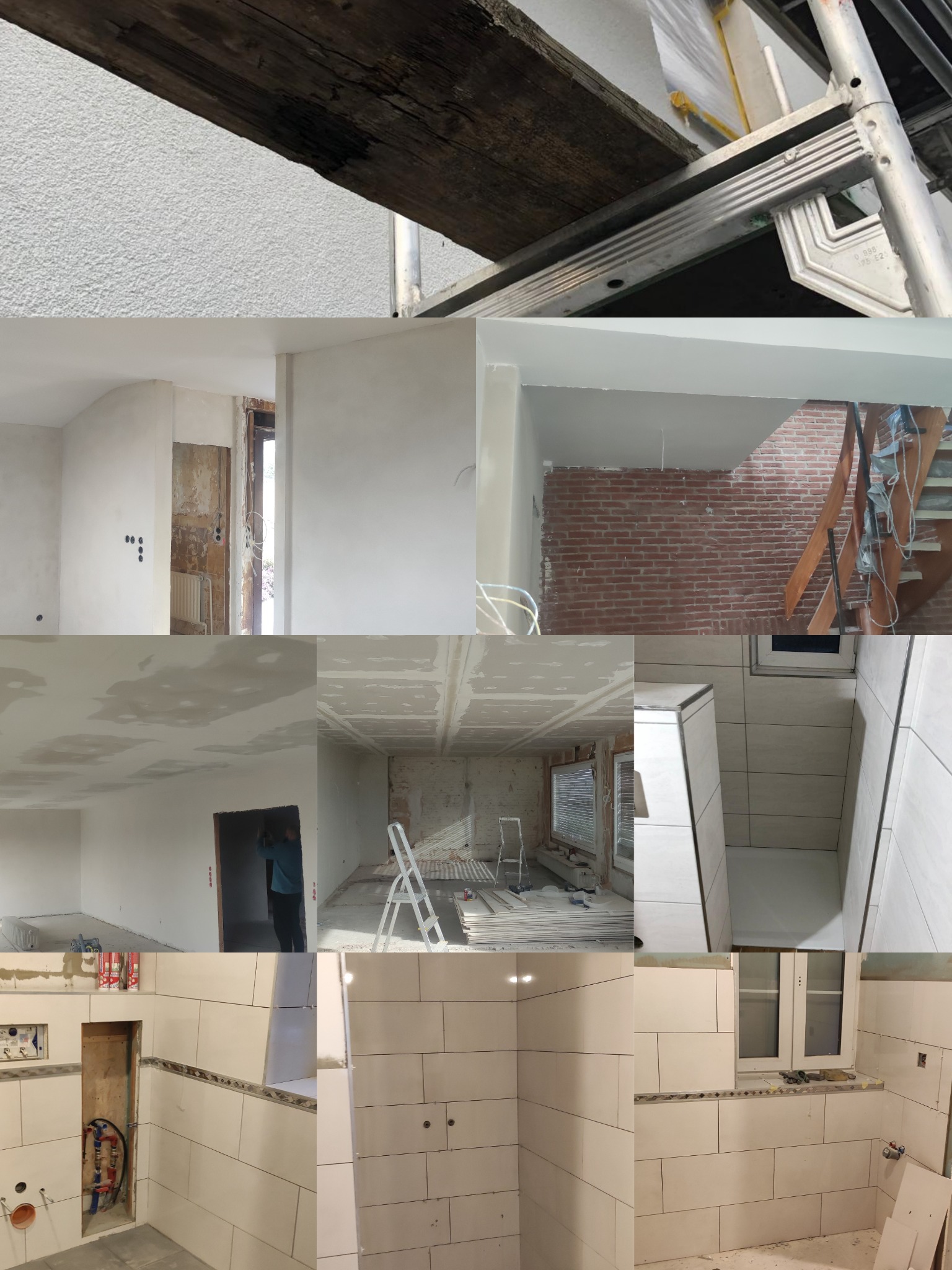 Mozaika zdjęć prezentująca różne etapy remontu mieszkania: szpachlowanie sufitu z widocznym drewnianym elementem konstrukcyjnym i rusztowaniem, przygotowanie ścian do malowania, odsłonięta ceglana...
