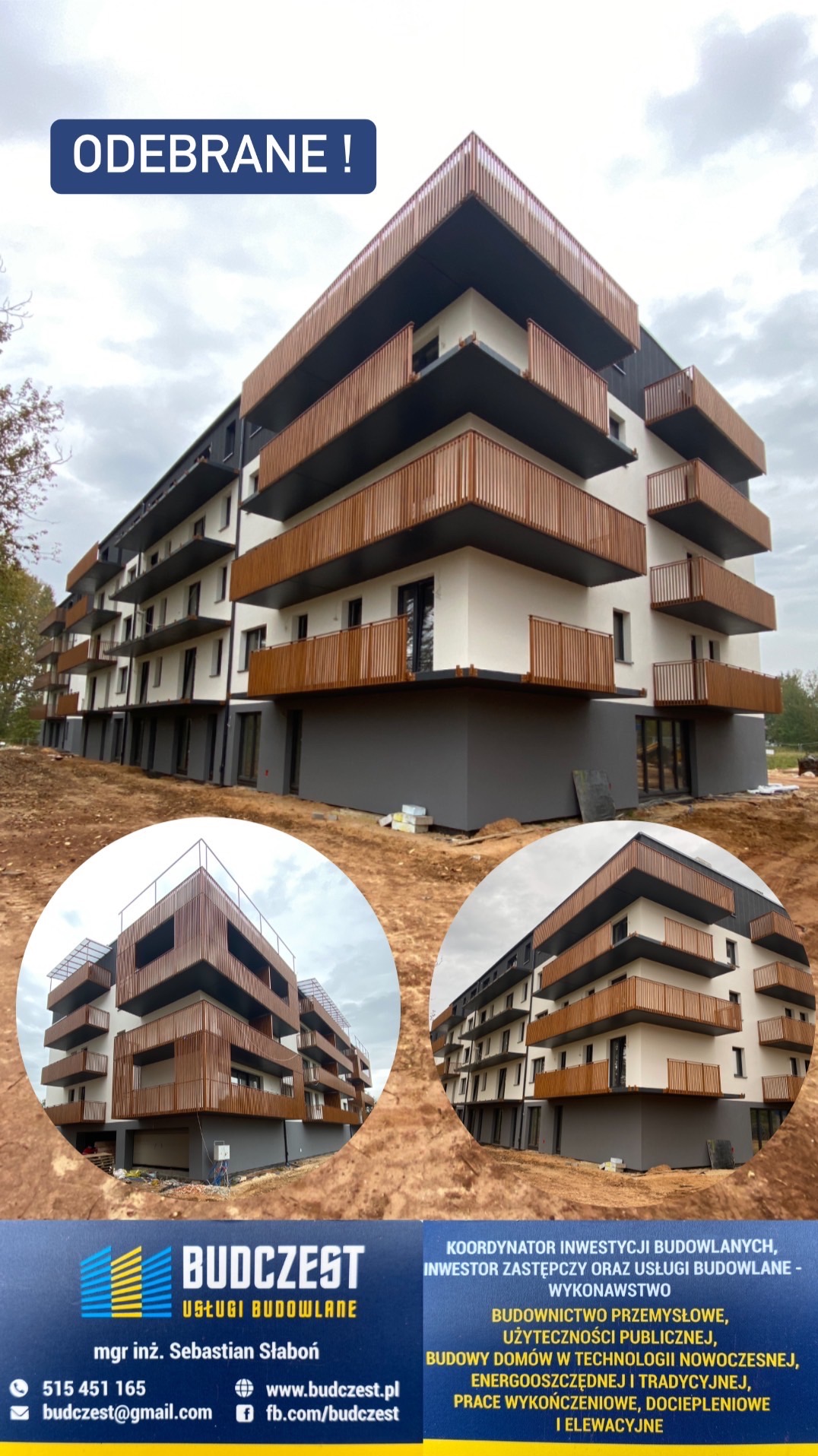 Nowoczesny, wielopiętrowy budynek mieszkalny z drewnianymi balustradami balkonowymi, widoczny z trzech różnych perspektyw na jednym zdjęciu, z napisem 'ODEBRANE!'
