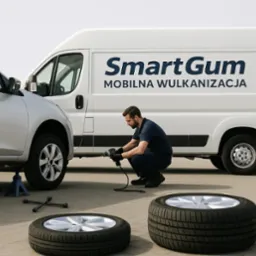 Mężczyzna w kombinezonie roboczym, klęczący obok podniesionego na podnośnikach samochodu, używa klucza pneumatycznego do wymiany opon; w tle biały samochód dostawczy z napisem 'SmartGum Mobilna...