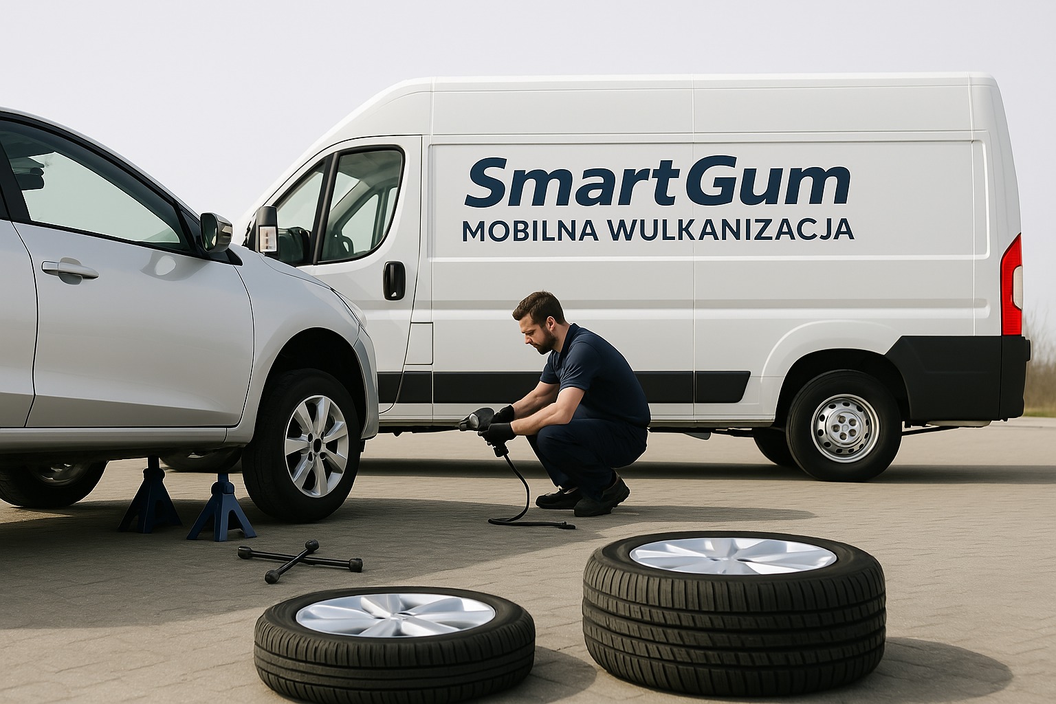 Mężczyzna w kombinezonie roboczym, klęczący obok podniesionego na podnośnikach samochodu, używa klucza pneumatycznego do wymiany opon; w tle biały samochód dostawczy z napisem 'SmartGum Mobilna...