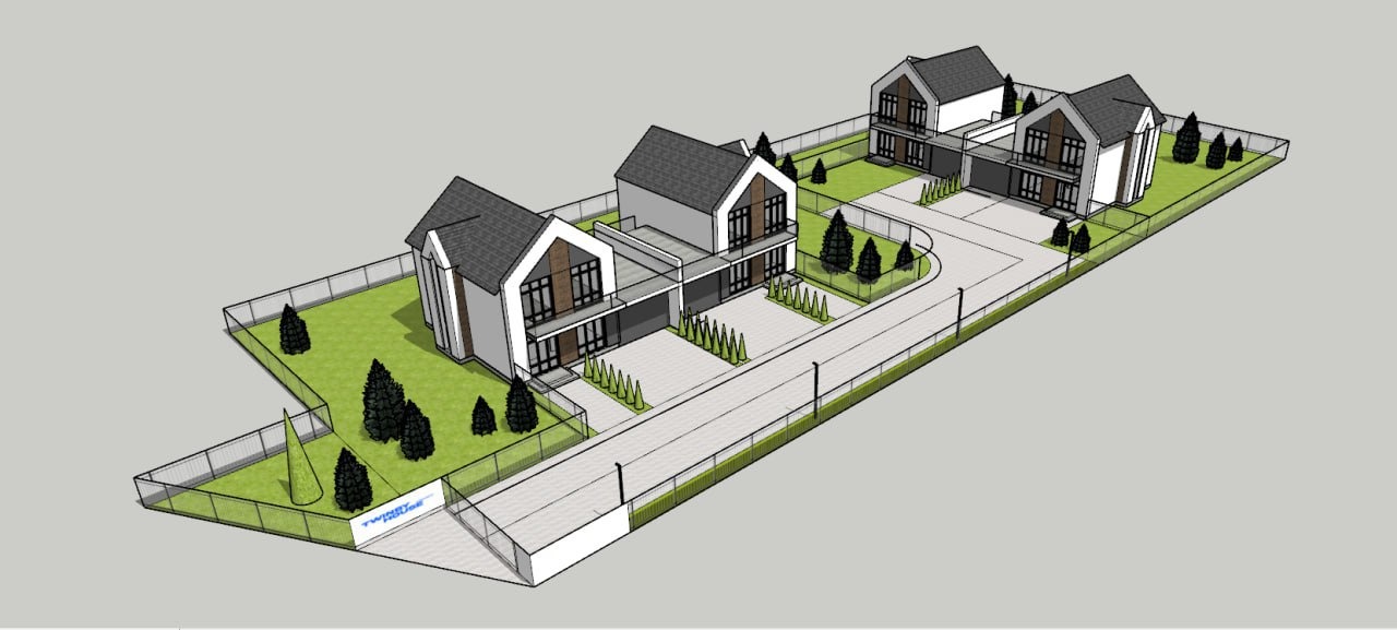 Wizualizacja osiedla domów szeregowych z garażami w Warszawie, prezentująca nowoczesną architekturę z elementami zieleni i ogrodzeniem.