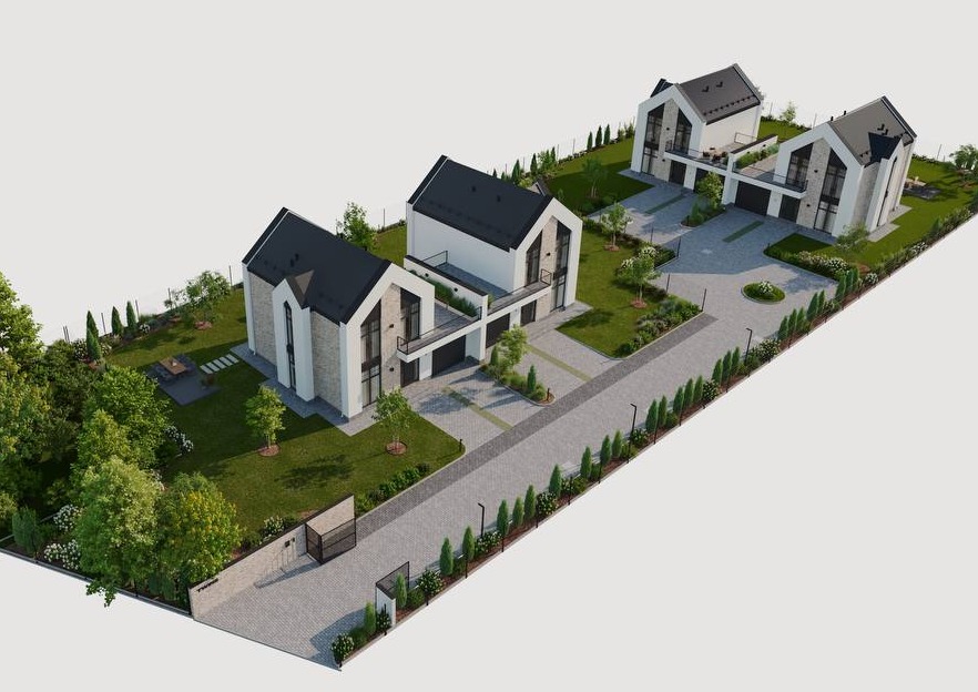 Projekt osiedla domów jednorodzinnych z garażami, zieleń, kostka brukowa, nowoczesna architektura, widok z lotu ptaka, jasna kolorystyka.