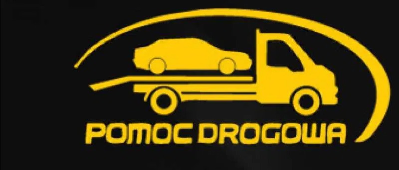 Żółte logo pomocy drogowej na czarnym tle, przedstawiające lawetę z samochodem.