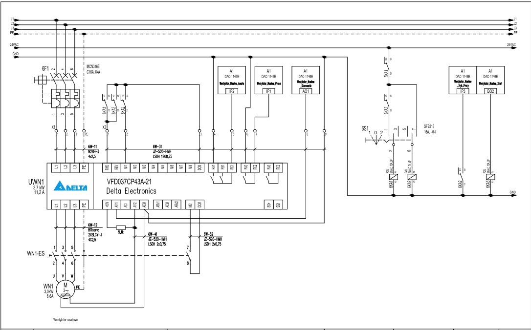 Schemat instalacji elektrycznej Delta Electronics VFD037CP43A-21, z detalami połączeń, oznaczeniami komponentów i parametrami technicznymi. Widoczne symbole i opisy.