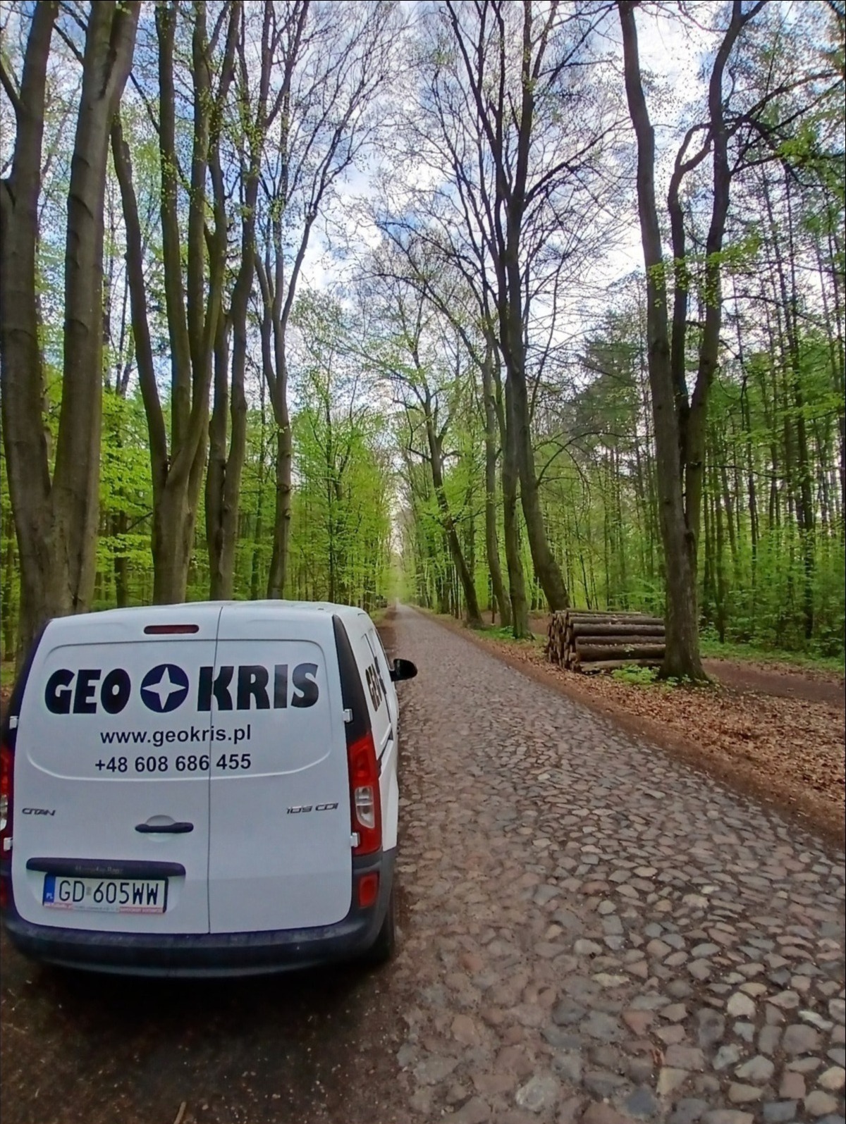 Biały samochód dostawczy z logo firmy na leśnej drodze z kostki brukowej. W tle drzewa i ułożone drewno.