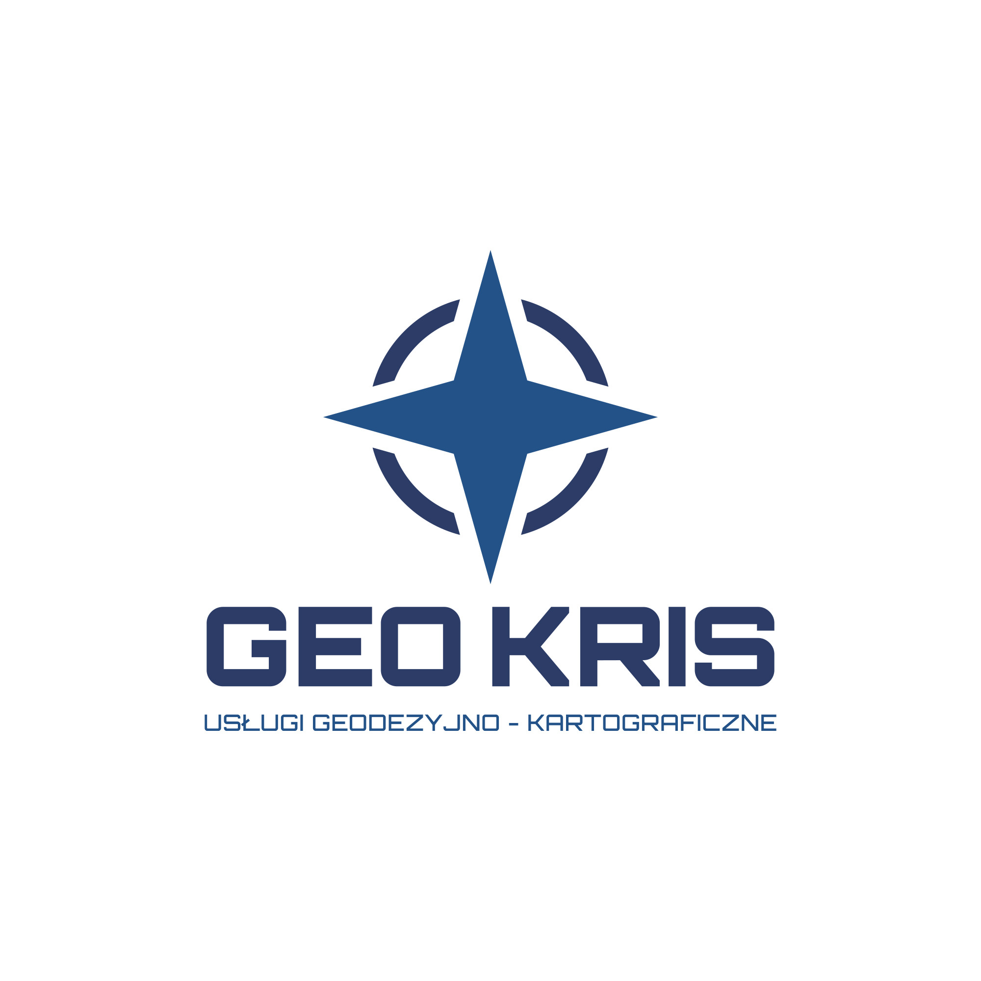 Logo firmy Geo Kris z niebieską rozetą kompasową i napisem „Usługi geodezyjno-kartograficzne” na białym tle. Minimalistyczny design.
