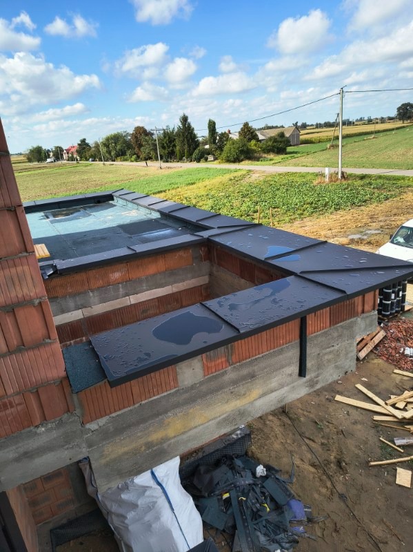 Czarny, płaski dach z obróbkami blacharskimi na murze z czerwonej cegły. Widok z góry na budowę z elementami krajobrazu w tle.