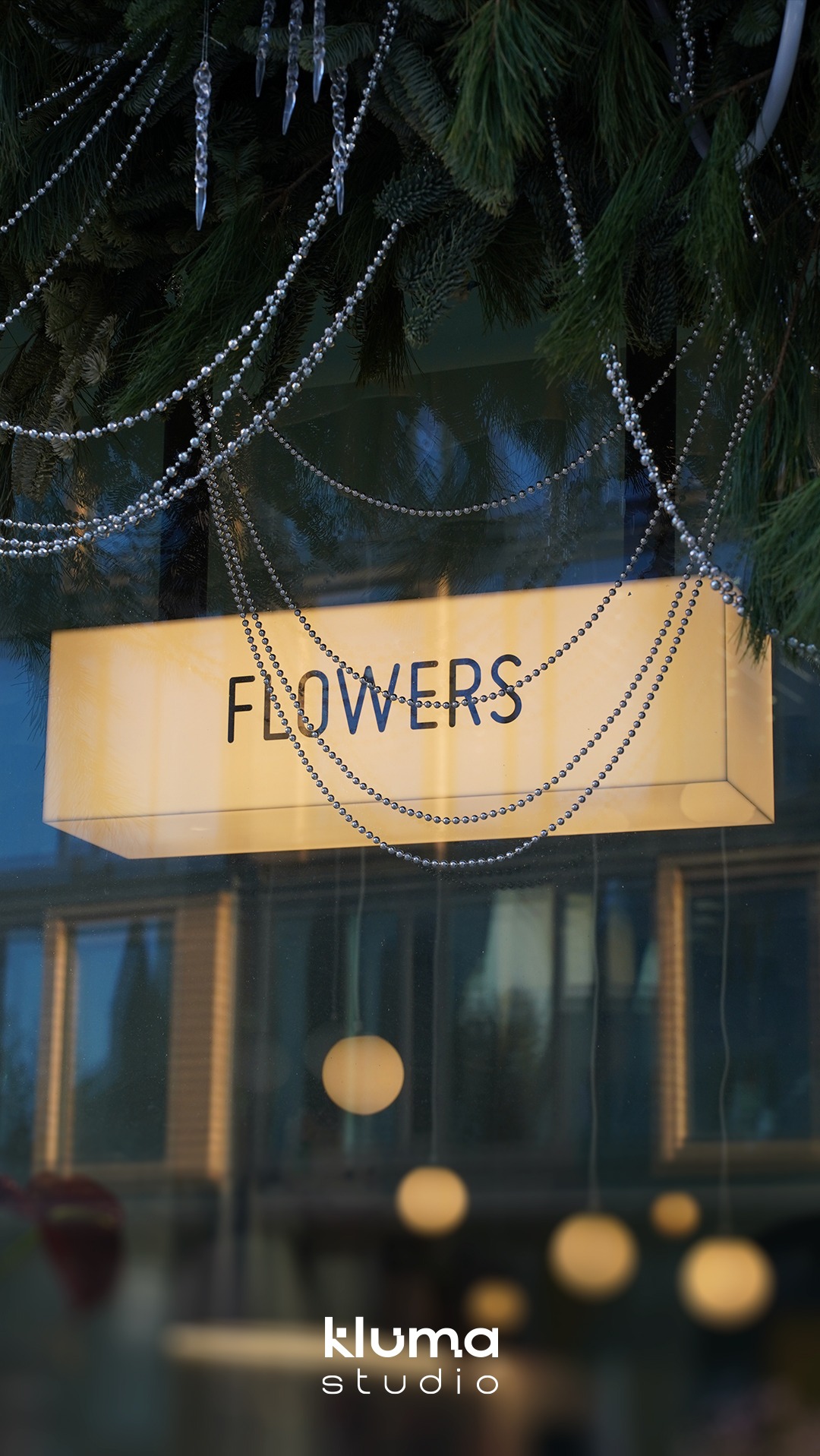 Świąteczna dekoracja witryny kwiaciarni z podświetlanym szyldem 'FLOWERS', ozdobiona girlandami z koralików i sztucznymi sopelkami, odbicie wnętrza sklepu w szybie.