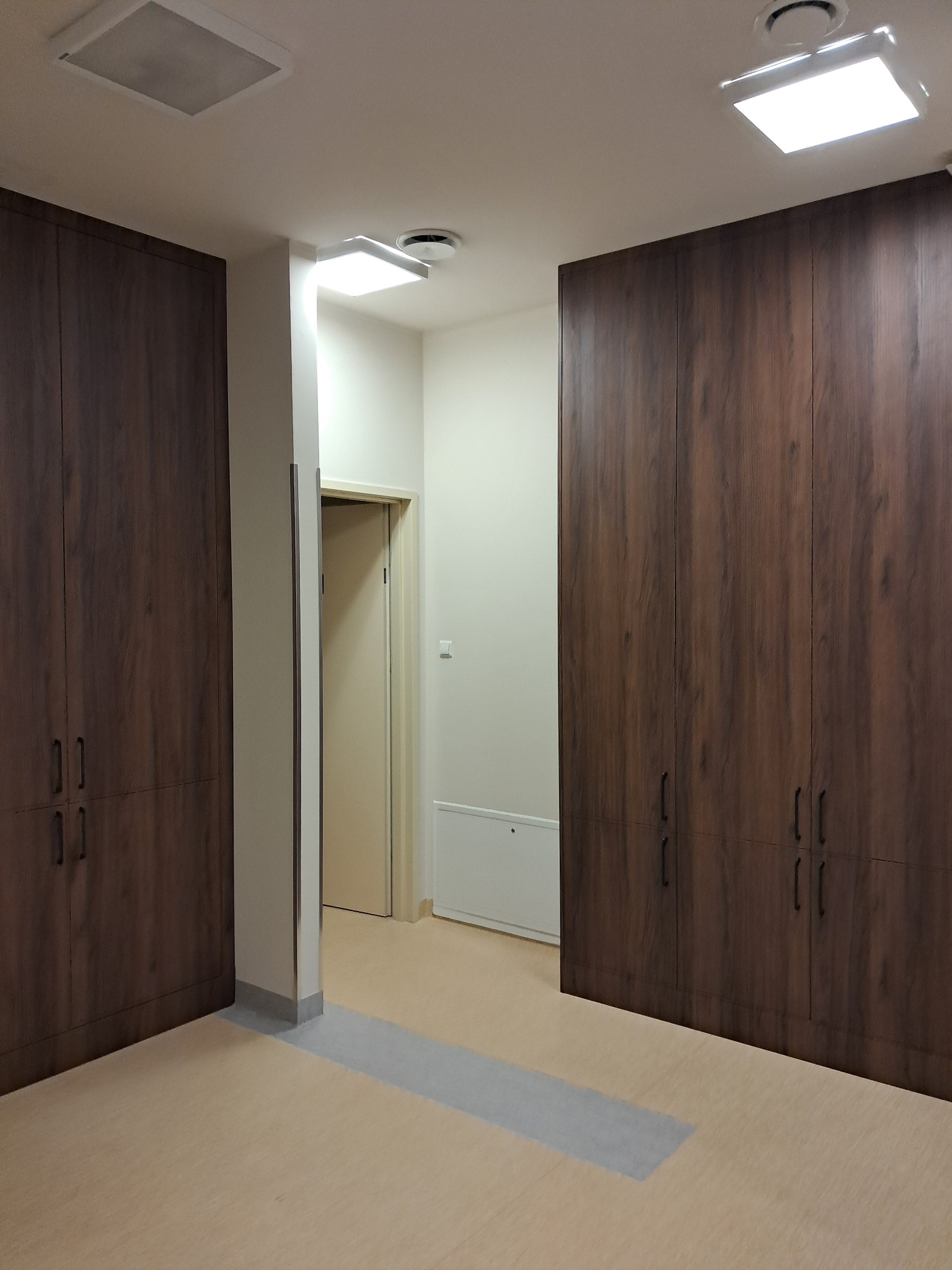 Wnętrze z zabudową szaf w kolorze ciemnego drewna, z widocznymi uchwytami. W tle drzwi i fragment korytarza z oświetleniem sufitowym.