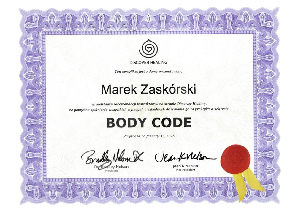 Certyfikat ukończenia kursu Body Code dla Marka Zaskórskiego, wydany przez Discover Healing, z fioletową ozdobną ramką i pieczęcią.