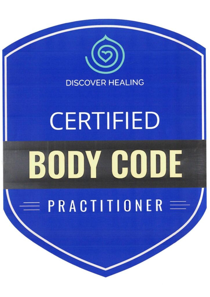 Niebieski certyfikat 'Certified Body Code Practitioner' z logo 'Discover Healing' i symbolem serca w spirali, potwierdzający kwalifikacje w medycynie naturalnej.