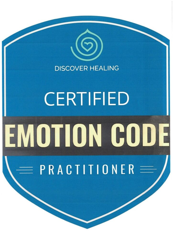 Certyfikat Emotion Code Practitioner w odcieniach błękitu i szarości z symbolem serca w spirali, Discover Healing.