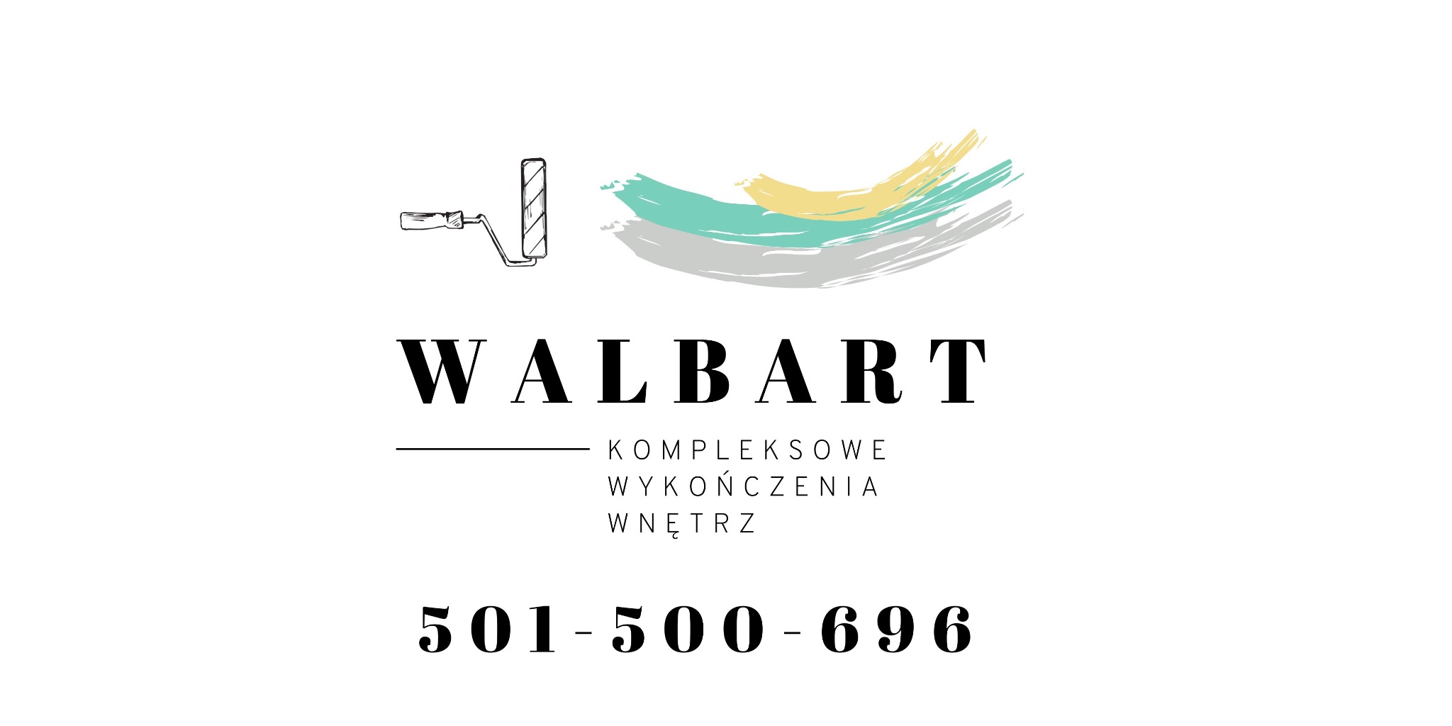 Logo firmy Walbart oferującej kompleksowe wykończenia wnętrz, prezentujące minimalistyczny rysunek wałka malarskiego oraz pociągnięcia pędzlem w kolorach turkusowym, szarym i żółtym, poniżej nazwa...