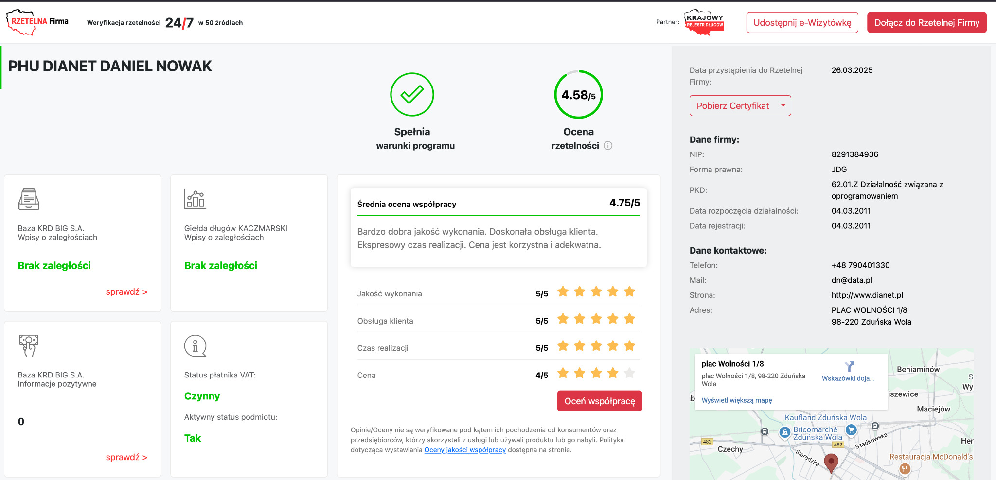 Zrzut ekranu profilu firmy PHU Dianet Daniel Nowak na platformie Rzetelna Firma, prezentujący ocenę rzetelności 4.58/5, informacje o braku zaległości w KRD BIG S.A. i giełdzie długów KACZMARSKI...