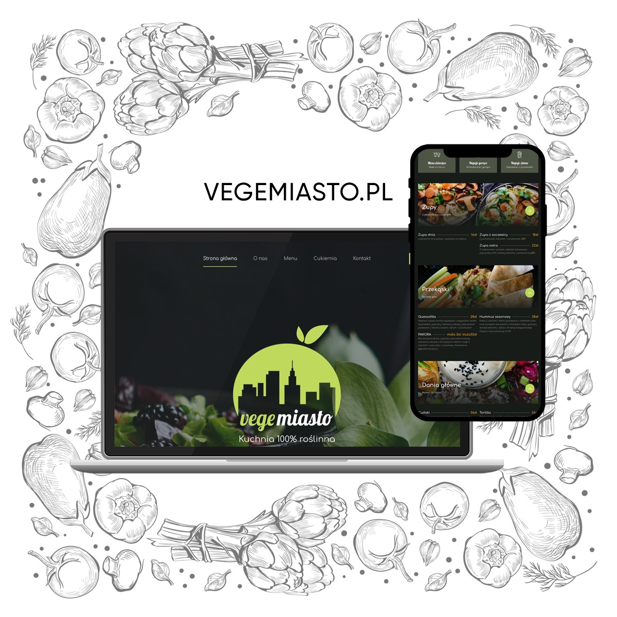 Laptop i smartfon prezentują responsywną stronę Vege Miasto. Ręcznie rysowane warzywa tworzą unikalne tło. Widok menu na obu urządzeniach. Zielone logo z sylwetą miasta.