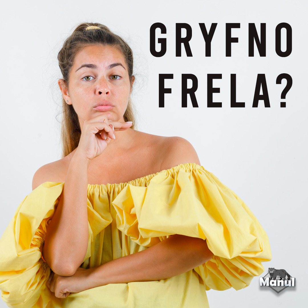 Zamyślona kobieta w żółtej sukience, z tekstem 'Gryfno frela?' promującym naukę niemieckiego w kontekście kulturowym. Logo 'Manul' w rogu.