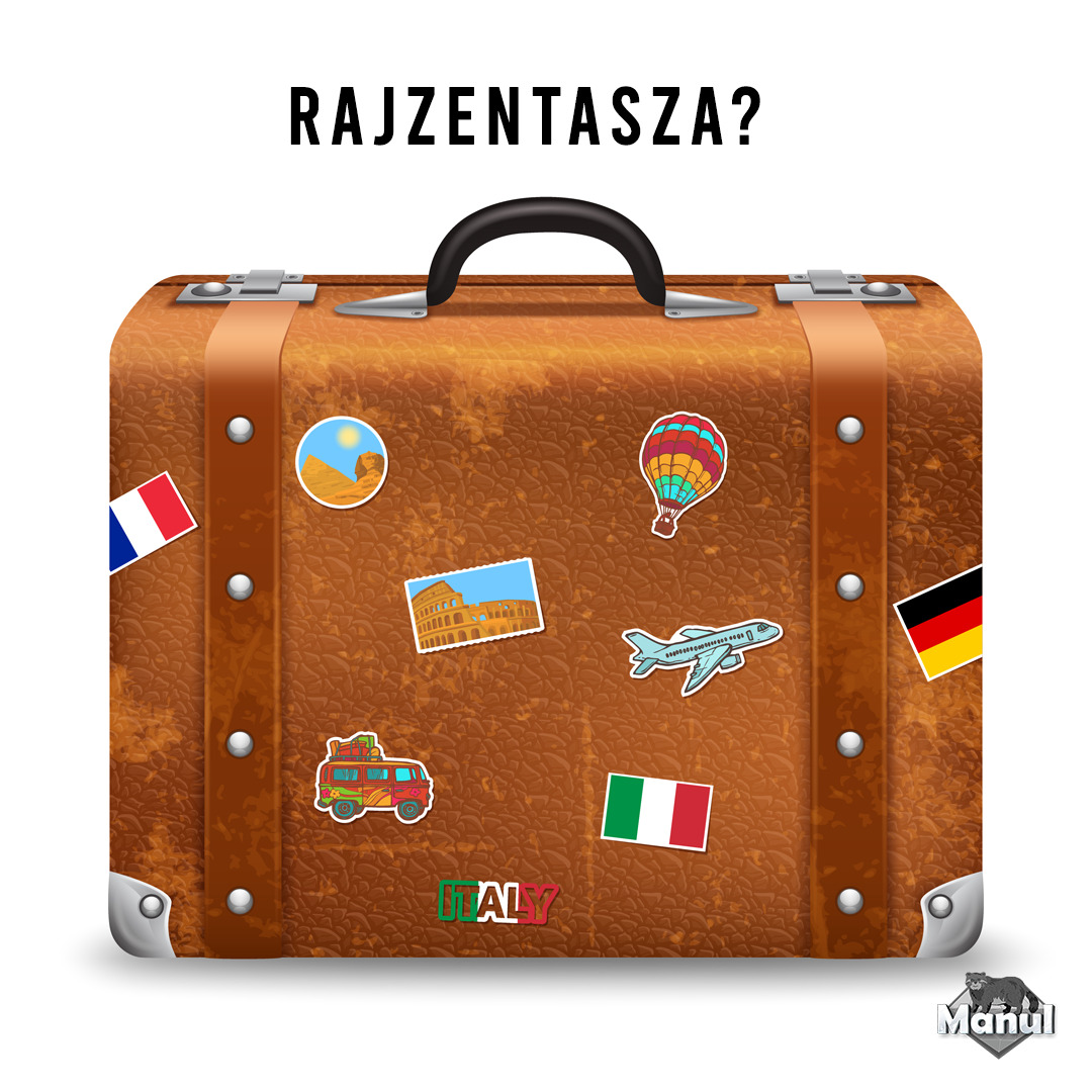 Ilustracja brązowej walizki z naklejkami flag i zabytków, nawiązująca do podróży i nauki języków obcych. Napis 'Rajzentasza?' sugeruje kontekst językowy.