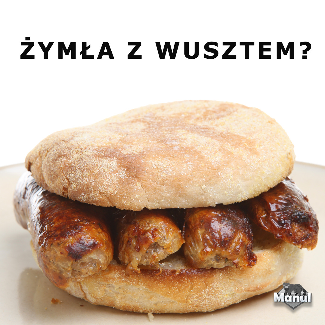 Żartobliwa grafika z bułką i kiełbasą, nawiązująca do niemieckiego słownictwa. Humorystyczne podejście do nauki języka przez kontekst kulturowy.