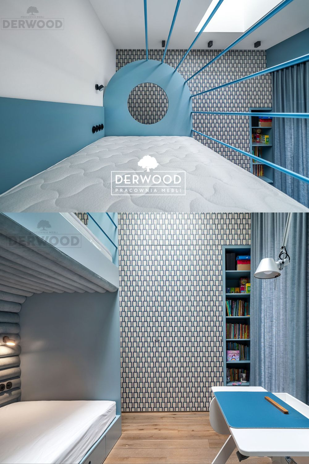 Pokój dziecięcy z łóżkiem piętrowym, niebieskimi metalowymi rurkami tworzącymi konstrukcję, wzorzystą tapetą i biurkiem z lampką