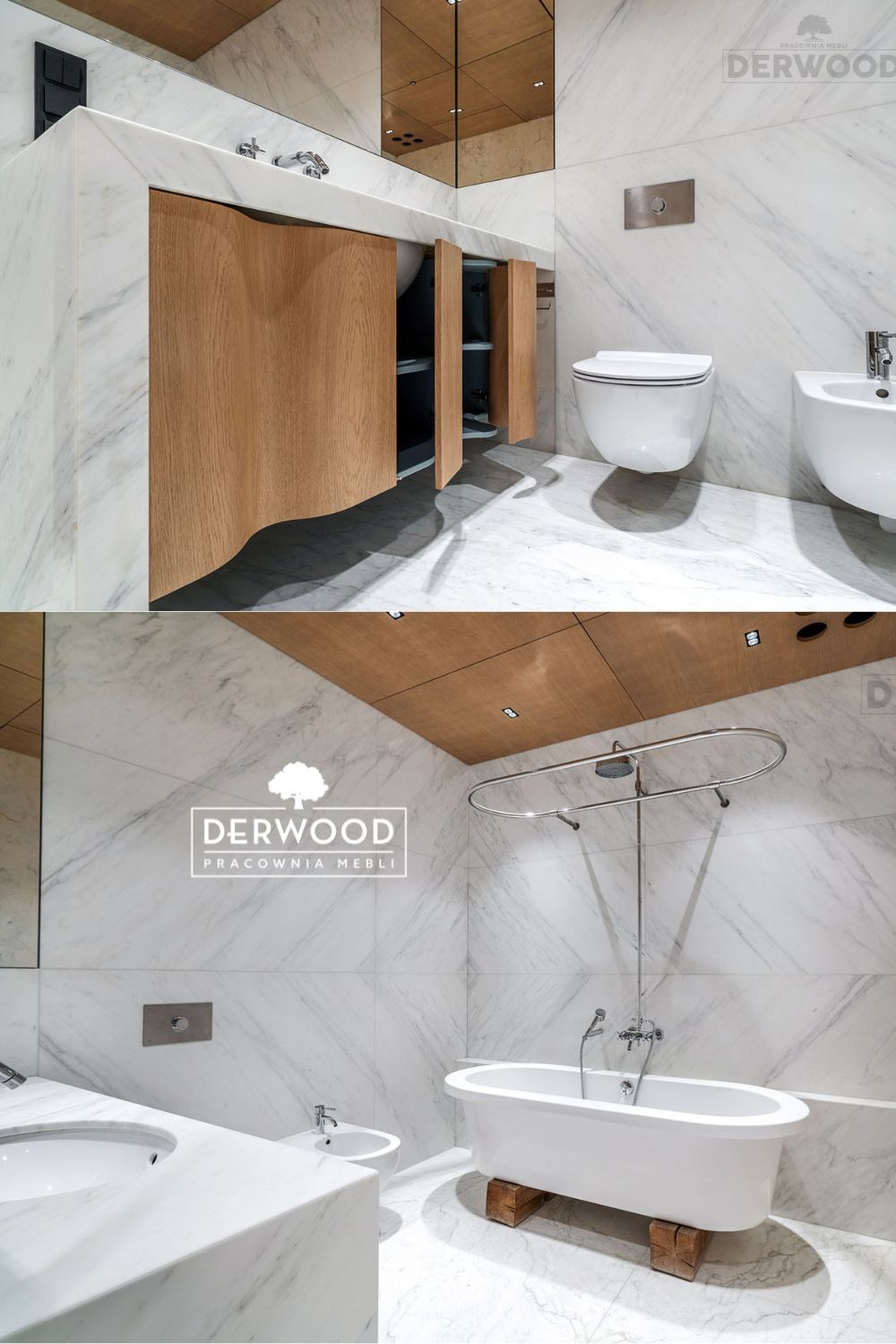 Nowoczesna łazienka z marmurowymi ścianami, drewniana szafka pod umywalką z falistymi drzwiczkami, wolnostojąca wanna na drewnianych klockach, logo Derwood w tle.