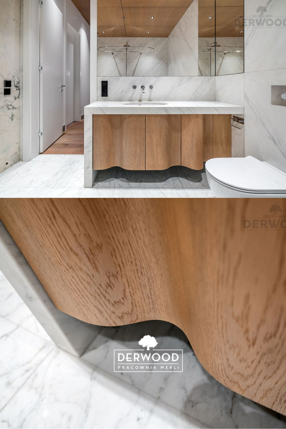 Nowoczesna łazienka z marmurowymi ścianami i podłogą, szafka pod umywalkę z falowanym frontem z jasnego drewna, widoczne logo firmy meblarskiej w dolnej części zdjęcia.