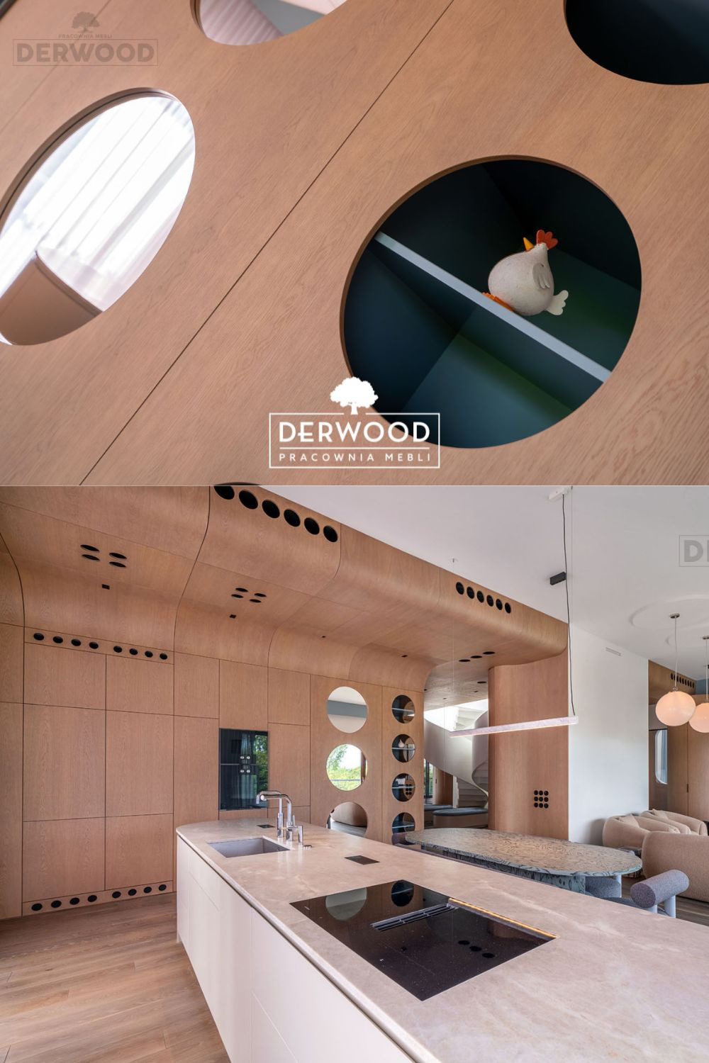 Nowoczesna kuchnia z drewnianymi frontami, okrągłymi otworami i wyspą kuchenną z płytą indukcyjną, widok na spiralne schody w tle.