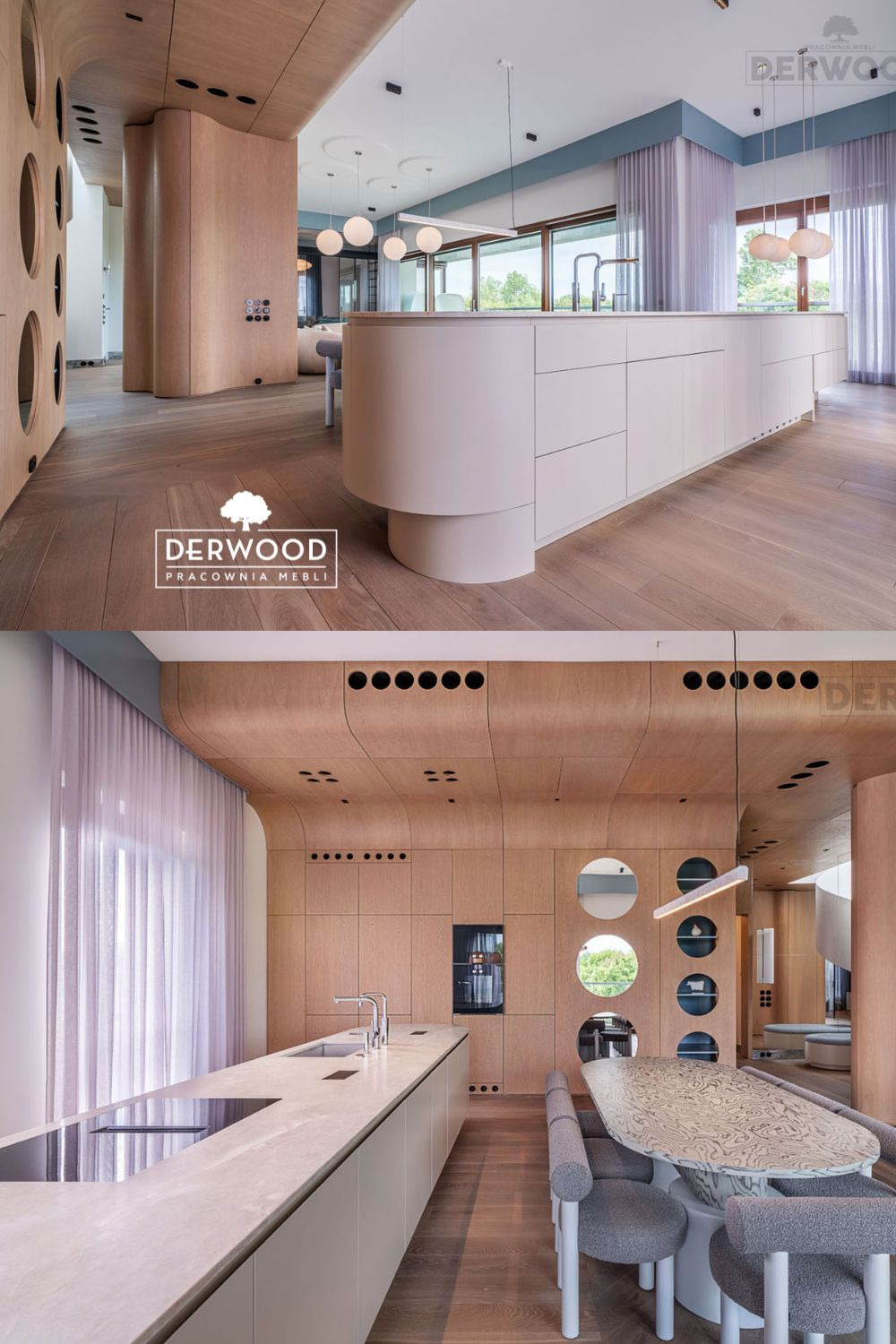 Nowoczesna kuchnia z drewnianą zabudową, zaokrąglonymi elementami i wyspą kuchenną w jasnych barwach, oświetlona wiszącymi lampami kulami. Charakterystyczne okrągłe otwory w ścianie i suficie.