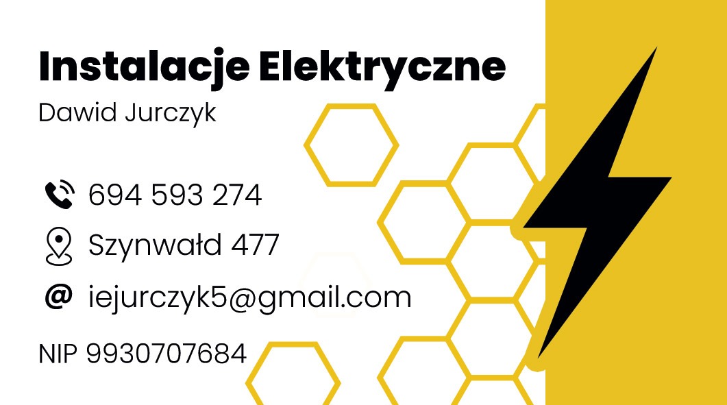 Wizytówka firmy Instalacje Elektryczne Dawida Jurczyka. Kontakt: telefon, adres, e-mail, NIP. Grafika z motywem plastra miodu i symbolem błyskawicy na żółtym tle.