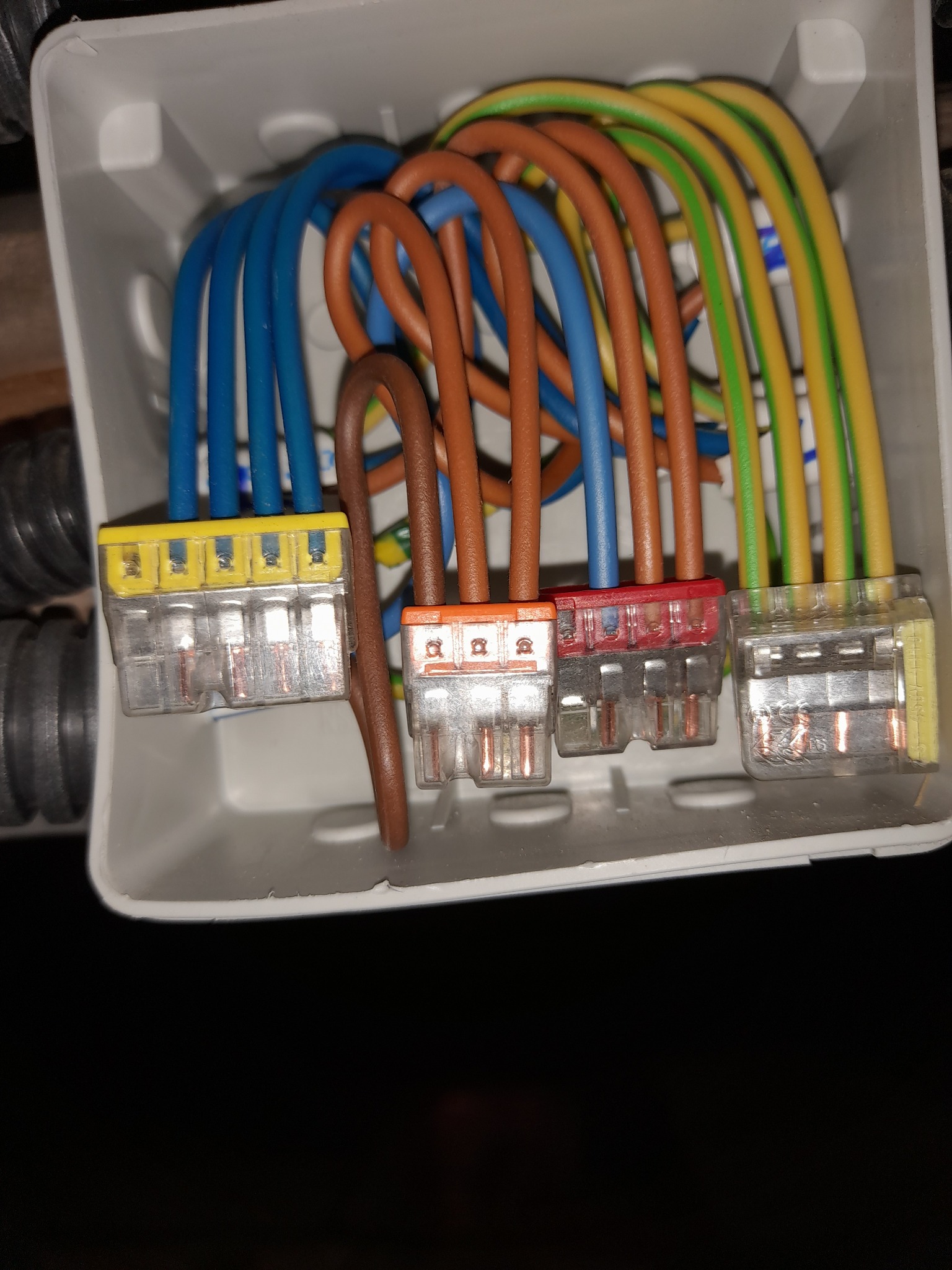 Połączenia przewodów elektrycznych w puszce instalacyjnej, z użyciem złączek WAGO w kolorach żółtym, pomarańczowym, czerwonym i żółto-zielonym. Widoczne przewody w różnych kolorach.