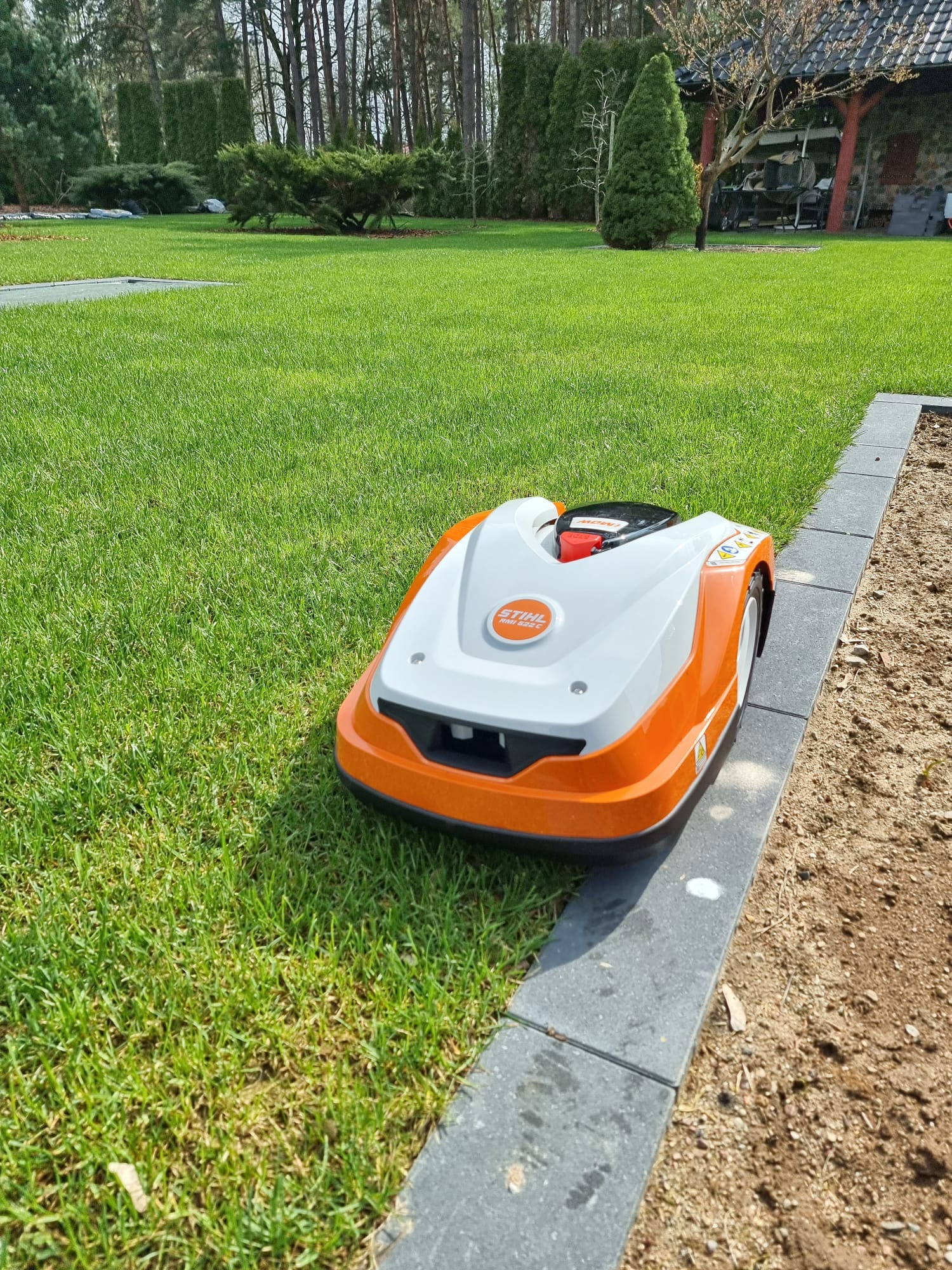 Pomarańczowo-biały robot koszący marki Stihl na idealnie przystrzyżonym trawniku, obok obrzeża z szarej kostki oddzielającego trawnik od ziemi, w tle iglaki i zabudowania.