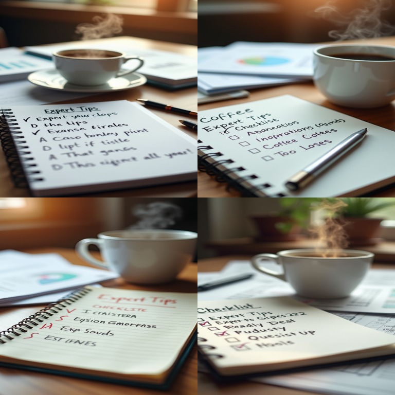 Biurko z notatnikami zawierającymi listy kontrolne i wskazówki, długopisami oraz parującymi filiżankami kawy, tworzące atmosferę pracy lub planowania.