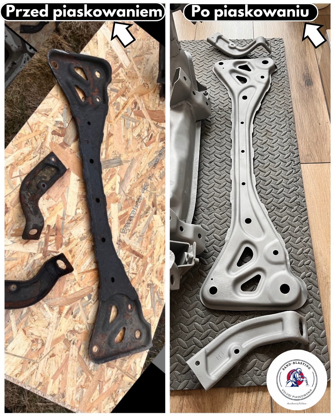 Porównanie elementów podwozia przed i po oczyszczeniu strumieniem ściernym: zardzewiałe, czarne elementy na tle płyty OSB kontra odnowione, pomalowane na szaro elementy na tle maty antypoślizgowej.