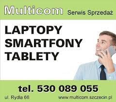 Mężczyzna w koszuli z krawatem trzyma smartfon na tle napisu LAPTOPY, SMARTFONY, TABLETY. W dolnej części numer telefonu i adres strony internetowej.