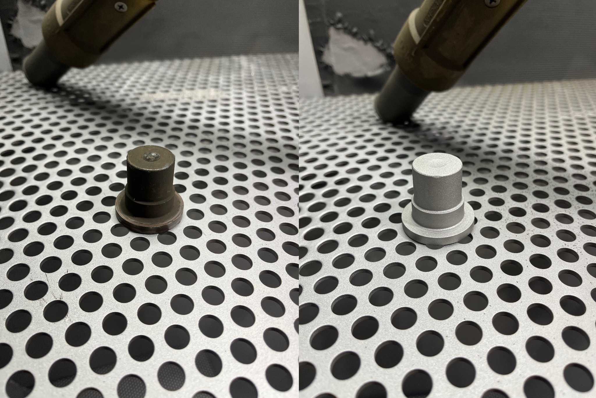 Porównanie elementu metalowego przed i po obróbce: po lewej stronie element z widocznymi śladami korozji i zanieczyszczeń, po prawej ten sam element po oczyszczeniu, o gładkiej, jednolitej...