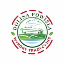 Logo firmy Dolina Powiśla Wyroby Tradycyjne przedstawiające stylizowany budynek nad wodą pod chmurami, otoczone napisem w okręgu.