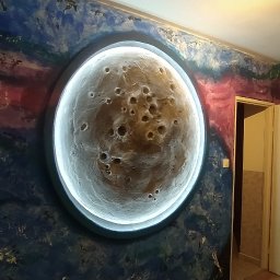 Budownictwo Dawid Prządka - Artystyczna ściana z efektem kosmosu i trójwymiarowym, podświetlonym księżycem. Nietypowy wystrój wnętrza z ręcznie malowanymi detalami i unikalnym oświetleniem.