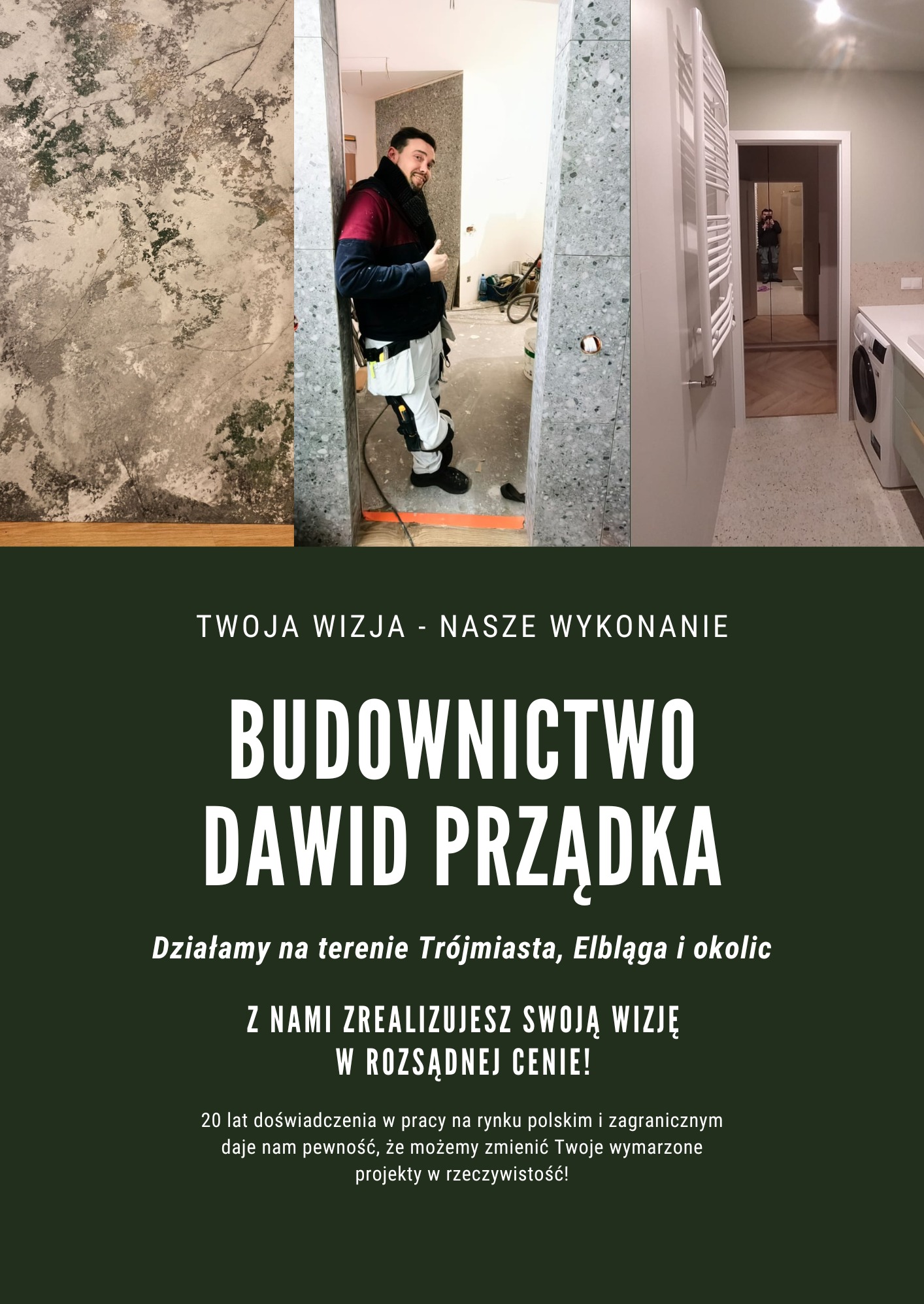 Remont łazienki w trakcie: położone płytki lastryko na ścianie, grzejnik drabinkowy. Fachowiec z uśmiechem prezentuje postęp prac. Widok na wykończoną łazienkę w lustrze.