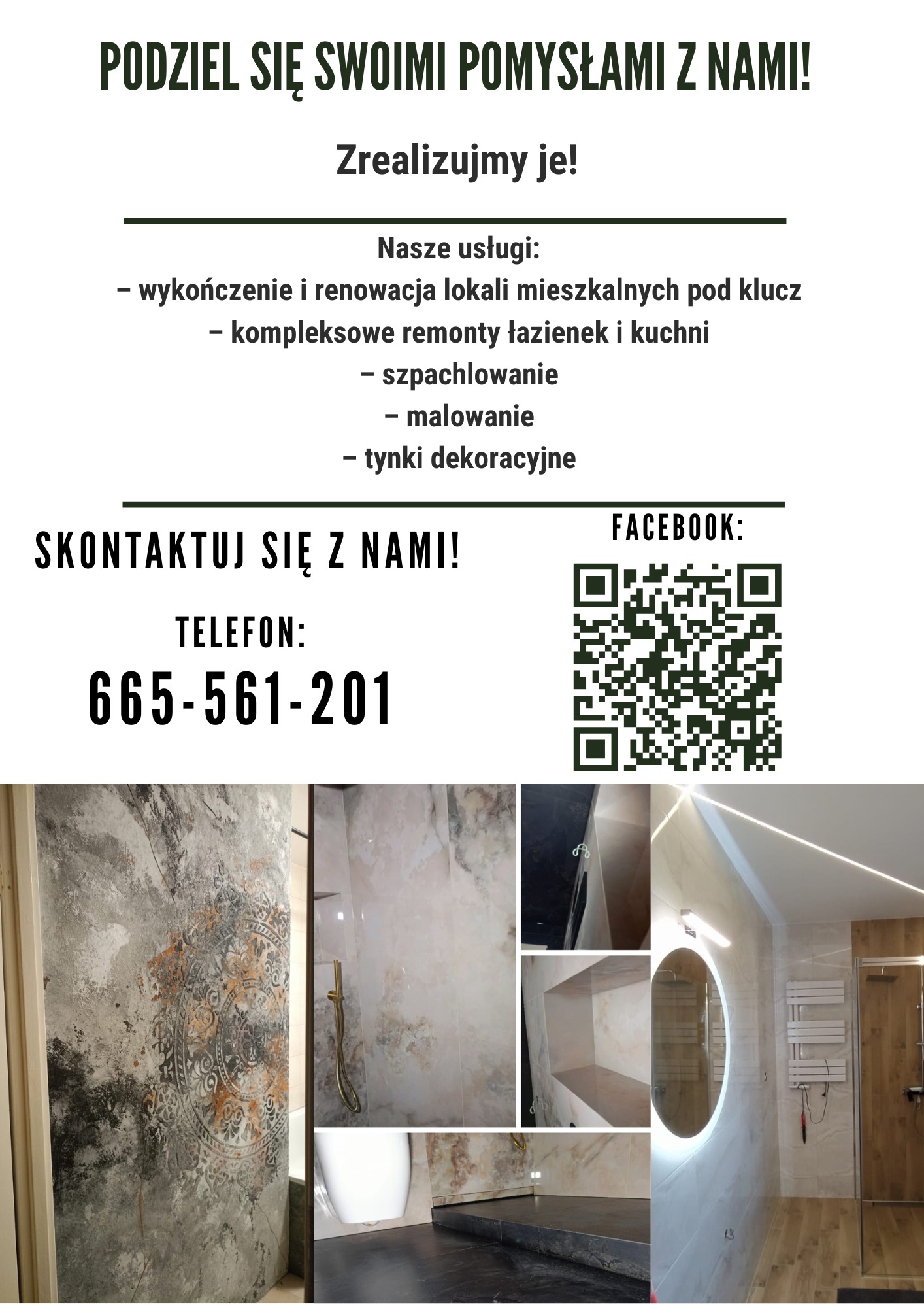 Kolaż zdjęć z realizacji wykończeń i remontów: dekoracyjna ściana, łazienka z podświetlanym lustrem i półkami. Reklama firmy remontowej z numerem telefonu i QR kodem.