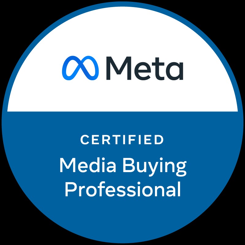 Okrągła odznaka certyfikatu Meta Certified Media Buying Professional na białym i niebieskim tle.