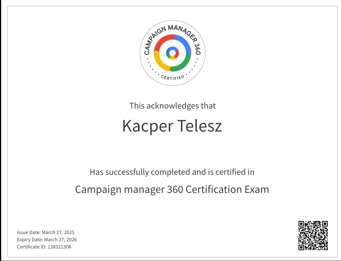 Certyfikat Campaign Manager 360 dla Kacpra Telesza, ważny do 27 marca 2026, z logo Campaign Manager 360 i datami wydania oraz wygaśnięcia.